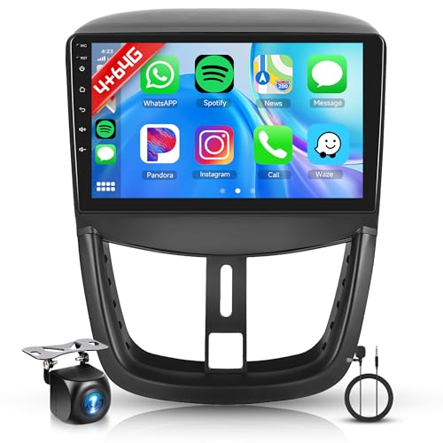 Rimoody 4+64G Android Autoradio für Peugeot 207 2006-2015 9 Zoll Touchscreen Kabelloses Carplay 207 Autoradio mit Android Auto Navi GPS Mirror Link Bluetooth WiFi/FM/RDS/EQ/SWC/USB Rückfahrkamera von Rimoody