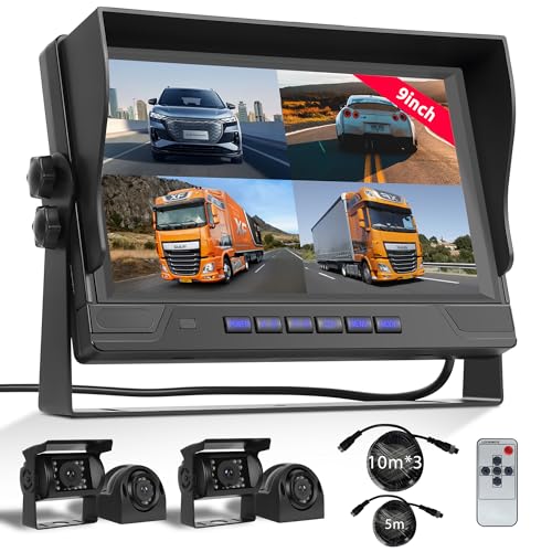 Rückfahrkamera 4 Kameras Set, 9 Zoll Monitor 4 Geteilte Bildschirm, Rückfahrkamera IP68 Wasserdicht, Nachtsicht, DVR, Loop-Aufnahme, Rückwärtshilfe, für LKW/Bus/Van/Wohnmobile/Anhänger mit 35m Kabel von Rimoody