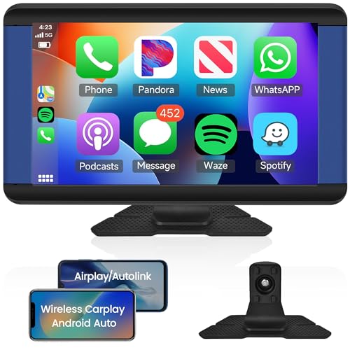 Rimoody Wireless Apple Carplay Android Auto Tragbares Autoradio, 7 Zoll IPS Touchscreen Autoradio mit Bluetooth/FM Sender/Apple Airplay/Android Mirror Link/Google/GPS/Siri/AUX/USB/TF für 7-32V Auto von Rimoody