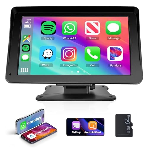 Rimoody Wireless Apple Carplay & Android Auto Portables Autoradio, 7 Zoll Touchscreen Tragbares Autoradio mit Apple Airplay/Android Mirror Link/Bluetooth/FM Transmitter/GPS/Siri/AUX/USB/64G TF Karte von Rimoody