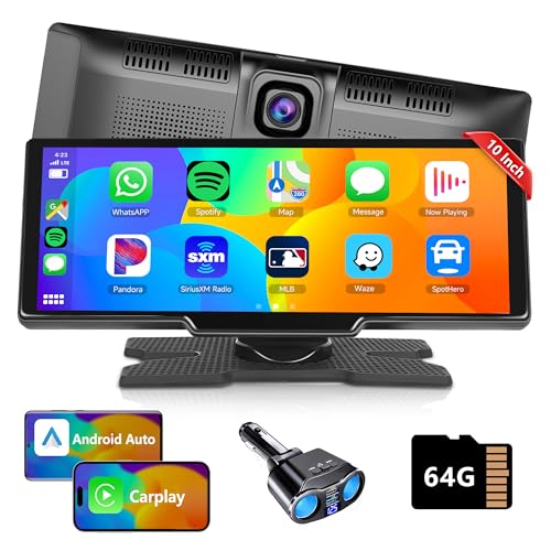 Rimoody Wireless Apple Carplay & Android Auto Tragbares Autoradio, 10.26 Zoll Touchscreen Portable Autoradio mit Airplay/Android Cast/Dual Bluetooth/FM Radio Sender/Loop Video/WiFi Video/64G TF Card von Rimoody