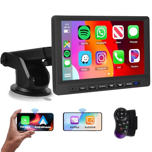 Rimoody Wireless Apple Carplay und Android Auto Tragbares Autoradio, 7 Zoll Touchscreen Autoradio mit Apple Airplay/Android Mirror Link/Bluetooth/FM Sender/Google/GPS/Siri/AUX/USB/TF für 7-32V Auto von Rimoody