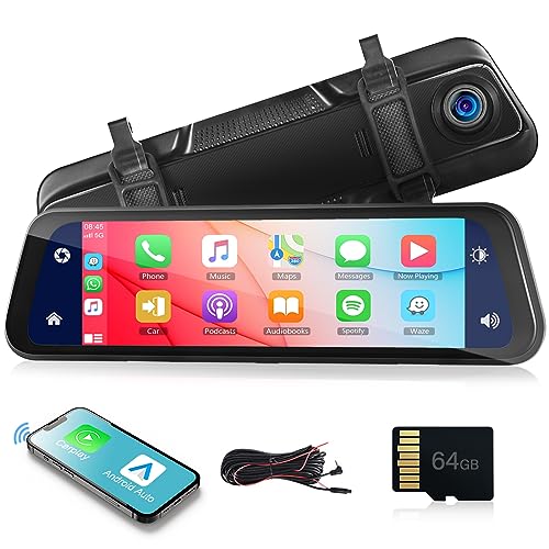 Spiegel Dashcam mit Wireless Apple Carplay Android Auto Bluetooth, 9.66 Zoll HD IPS Touchscreen Dashcam mit Frontkamera Rückfahrkamera Sprachsteuerung/FM Sender/Loop-Aufnahme/Einparkhilfe/Parkmonitor von Rimoody