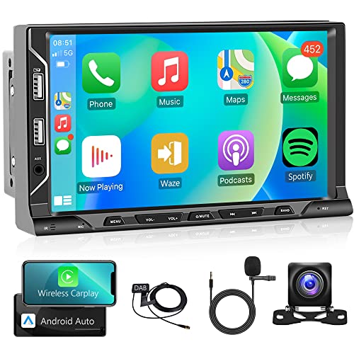 Wireless Apple Carplay Android Autoradio 2 Din mit Android Auto DAB Adapter GPS Navi WiFi 7 Zoll Autoradio mit Mirror Link Bluetooth FM/RDS/DAB Radio 6 USB/AUX/TF/DVR Lenkradsteuerung + Rückfahrkamera von Rimoody