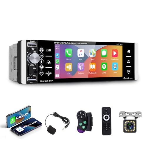 Wireless Apple Carplay Autoradio 1 Din mit Android Auto FM/AM/RDS Radio Bluetooth Freisprecheinrichtung 5.1 Zoll Autoradio mit Mirror Link Bluetooth USB/AUX/TF/EQ/DVR Lenkradsteuerung Rückfahrkamera von Rimoody