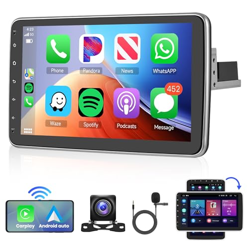 Wireless Carplay Android Autoradio 1 Din Android Auto mit GPS Navi 10 Zoll Vertikal Drehbarer Touchscreen Autoradio mit WiFi Bluetooth FM/RDS USB Hi-Fi DAB+ SWC Mikrofon + AHD Rückfahrkamera von Rimoody