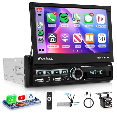 Wireless Carplay Autoradio 1 Din mit You-Tube Android Auto 7 Zoll Automatisch Einziehbarer Bildschirm Autoradio mit Mirror Link Bluetooth FM Radio USB/EQ/AUX/MIC Lenkradsteuerung Rückfahrkamera von Rimoody