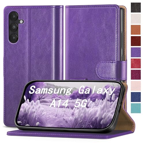 RingPi für Samsung Galaxy A14 4G 5G Handy Hülle PU Leder[RFID Schutz] Handyhülle Lederhülle Klapphülle Kartenfach Stoßfeste Schutzhülle Leather Flip Cover für Samsung A14 Wallet Phone Case,Violett von RingPi