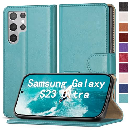 RingPi für Samsung Galaxy S23 Ultra Handy Hülle PU Leder[RFID Schutz] Handyhülle Lederhülle Klapphülle Kartenfach Stoßfeste Schutzhülle Leather Flip Cover für S23Ultra Wallet Phone Case,Blau Grün von RingPi