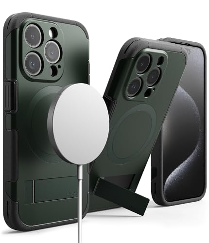 Ringke Alles Magnetic Case Kompatibel mit iPhone 15 Pro Hülle Kompatibel mit MagSafe [Kameraschutz und Faltbarer Ständer] Verbesserte Griffigkeit Magnetische Handyhülle - Dark Green von Ringke