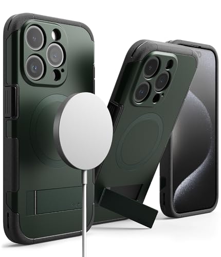 Ringke Alles Magnetic Case Kompatibel mit iPhone 15 Pro Max Hülle Kompatibel mit MagSafe [Kameraschutz und Faltbarer Ständer] Verbesserte Griffigkeit Magnetische Handyhülle - Dark Green von Ringke