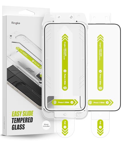 Ringke Easy Slide Glass Screen Protector Kompatibel mit iPhone 15 Pro Max, 9H Härte Gehärtetem Glasfolie, 2 Stück Glas Schutzfolie mit Gleiten Installationswerkzeug von Ringke