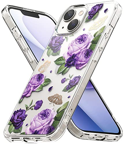 Ringke Fusion Design Case Kompatibel mit iPhone 14 Plus Hülle, Floral Blumen Muster Stoßfeste Case mit Band Löcher - Purple Rose von Ringke