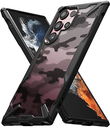 Ringke Fusion-X Kompatibel mit Samsung Galaxy S22 Ultra 5G Hülle, Handschlaufe Loch im Rand mit 3D Militär Muster - Camo Black von Ringke
