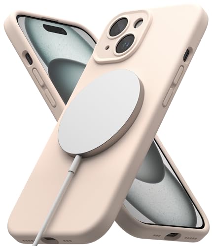 Ringke Magnetic Case Kompatibel mit iPhone 15 Hülle 6,1 Zoll Kompatibel mit MagSafe [Silicone Magnetic] Kameraschutz und Weiches Gefühl Silikon Magnetische Handyhülle - Pink Sand von Ringke