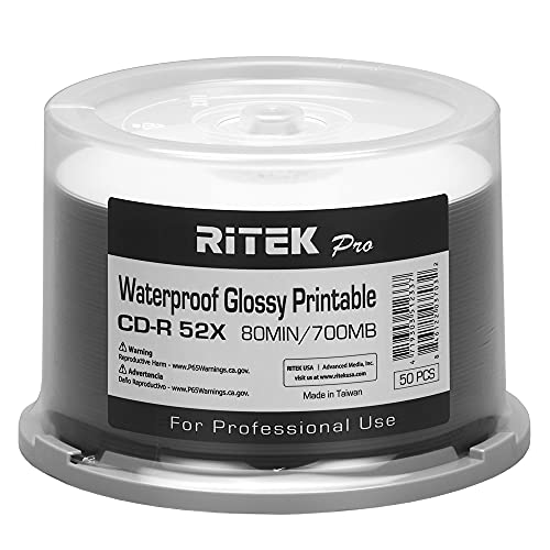 Ritek Pro CD-R 52 x 700 MB, wasserfest, glänzend, Weiß, bedruckbar, blanko, beschreibbare CDs, 50 Stück von Ritek