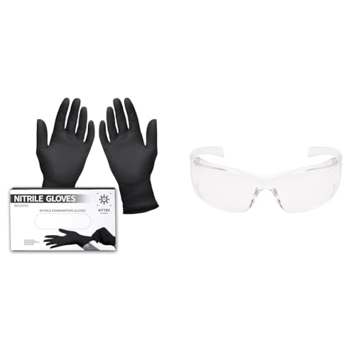 Ritter Premium Nitrilhandschuhe schwarz 100 Stück & 3M Virtua AP Schutzbrille - Augenschutz, UV Schutz - Transparente, kratzfeste Schutzbrille für Industrie und Gewerbe, 26 g leicht von Ritter-Die Schärferei