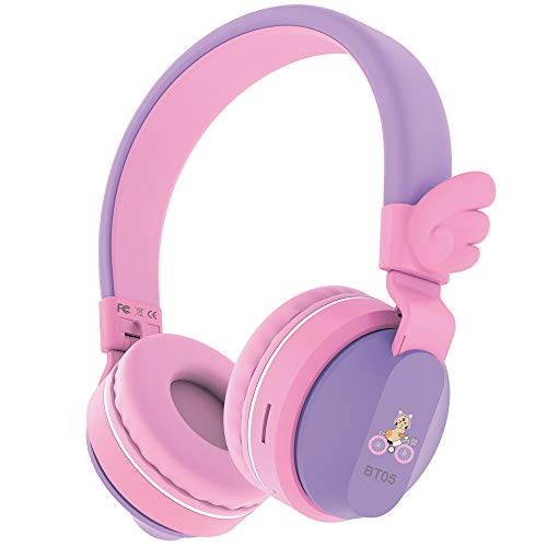 Riwbox BT05 Wings Kinderkopfhörer, kabellos, Bluetooth, Over-Ear, 85 dB/103 dB, Lautstärkeregler, faltbar, mit Mikrofon/TF-Karte, kompatibel für PC/Schule Violett und Rosa von Riwbox