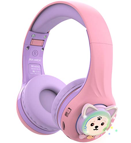 Riwbox Baosilon CB-7S KinderKopfhörer, kabellos/verdrahtet, mit Mikrofon, Bluetooth Kinder-Kopfhörer über Ohr, Lautstärke begrenzt 75/85/95dB, Kinder-Kopfhörer für die Schule (Lila&Pink) von Riwbox