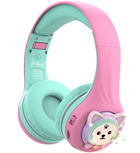 Riwbox Baosilon CB-7S KinderKopfhörer, kabellos/verdrahtet, mit Mikrofon, Bluetooth Kinder-Kopfhörer über Ohr, Lautstärke begrenzt 75/85/95dB, Kinder-Kopfhörer für die Schule (Rosa&Grün) von Riwbox