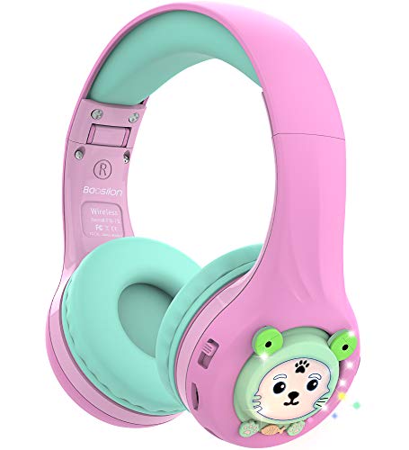 Riwbox Baosilon FB-7S Kinder kopfhörer Bluetooth, LED Bluetooth Faltbare Kopfhörer über Ohr Lautstärke begrenzt Safe 75/85/95dB mit Mikrofon TF-Karte, Kinderkopfhörer für die Schule (Rosa Grün) von Riwbox