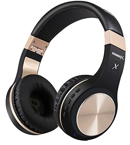 Riwbox Bluetooth-Kopfhörer, XBT-80 Faltbare, kabellose Stereo-Kopfhörer Over-Ear mit Mikrofon und Lautstärkeregelung, mit und ohne Kabel, für PC/Handys/TV (Schwarz&Gold) von Riwbox