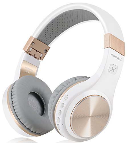 Riwbox Bluetooth-Kopfhörer, XBT-80 Faltbare, kabellose Stereo-Kopfhörer Over-Ear mit Mikrofon und Lautstärkeregelung, mit und ohne Kabel, für PC/Handys/TV (Weiß&Gold) von Riwbox