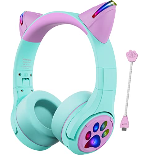 Riwbox Bluetooth Kopfhörer Kinder, CF9 Katzenohren Kinderkopfhörer mit LED-Licht, Boom Mic&Built-in Mic für Anrufe, 85dB Lautstärke Limitierte Kabellose Kopfhörer für Schule Tablet PC Telefone (Grün) von Riwbox