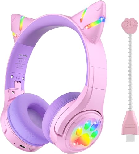 Riwbox CF9 Kinder-Bluetooth-Kopfhörer, Katzenohr-Kopfhörer mit LED-Licht, Boom-Mikrofon und integriertem Mikrofon für Anrufe, 85 dB Lautstärke, begrenzte Kinder-Kopfhörer, kabellos und kabelgebunden, von Riwbox