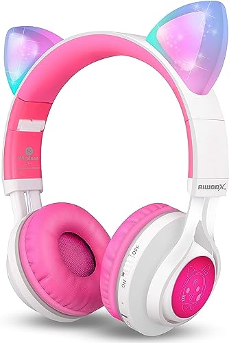 Riwbox CT-7 Bluetooth-Kopfhörer Cat Ear LED kabellos Faltbare Kopfhörer über dem Ohr mit Mikrofon und Lautstärkeregler für Smartphones/Laptop/PC/TV (White&Pink) von Riwbox
