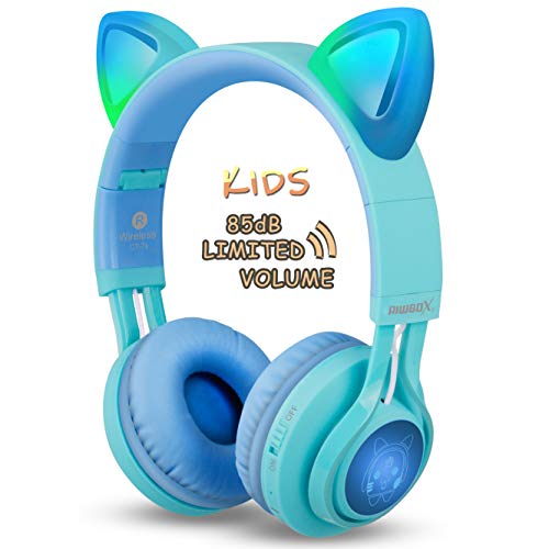 Riwbox CT-7S Kinder-Kopfhörer mit Katzenohren. Kabellose Bluetooth-Kopfhörer mit Lautstärkebegrenzung auf 85 dB, LED-Licht und Mikrofon für Cellphone/Laptop/PC/TV Blau/Grün von Riwbox