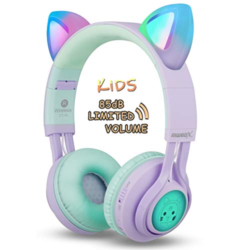 Riwbox CT-7S Kinder-Kopfhörer mit Katzenohren. Kabellose Bluetooth-Kopfhörer mit Lautstärkebegrenzung auf 85 dB, LED-Licht und Mikrofon für Cellphone/Laptop/PC/TV Violett und Grün von Riwbox