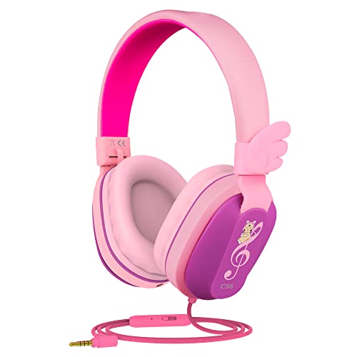 Riwbox Kinderkopfhörer Mit Kabel, CS6 Leichte Faltbare Stereo-Kopfhörer über Headset Sharing Funktion mit Mikrofon und Lautstärkeregler Kompatibel PC/Kindle/Tablet Purple&Pink von Riwbox