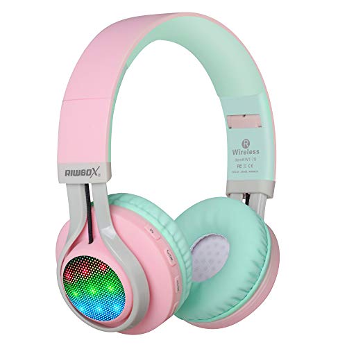 Riwbox WT-7S Kinder Bluetooth Kopfhörer, LED Light Up Wireless Faltbares Stereo Headset mit Mikrofon und Lautstärkeregelung für PC/iPhone/TV/iPad (Pink&Green) von Riwbox