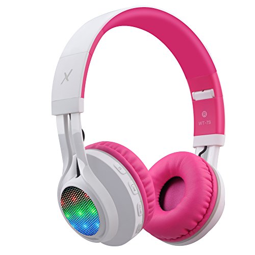 Riwbox WT-7S Kinder Kopfhörer Bluetooth mit LED-Beleuchtung, faltbar Stereo-Kopfhörer mit Mikrofon und Lautstärkeregler für PC/Fernseher/Tablette (Rosa & Weiß) von Riwbox