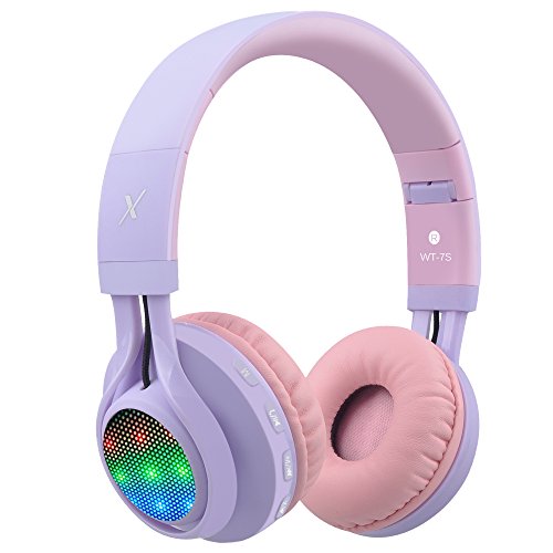Riwbox WT-7S Kinder Kopfhörer Bluetooth mit LED-Beleuchtung, faltbar Stereo-Kopfhörer mit Mikrofon und Lautstärkeregler für PC/Fernseher/Tablette (Violett/Rosa) von Riwbox