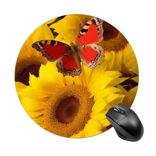 Mauspad mit gelben Sonnenblumen mit rotem Schmetterling, rund, wasserdicht, rutschfest, Gummi, lustige Mauspads, 19,8 x 19,8 cm, für Computer, Laptop, Büro, Schreibtisch, Zubehör, Mauspad Mauspad mit gelben Sonnenblumen mit rotem Schmetterling, rund, wasserdicht, rutschfest, Gummi, lustige Mauspads, 19,8 x 19,8 cm, für Computer, Laptop, Büro, Schreibtisch, Zubehör, Mauspad von Rkklvbns