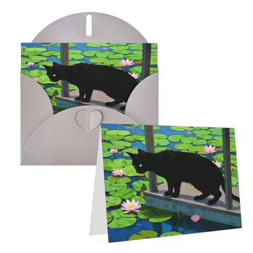 Rkklvbns Grußkarten Schwarze Katze in Seerose Teich Herz Verschiedene Anlässe Grußkarten Freundschaft Gedenkkarten Urlaubskarten von Rkklvbns