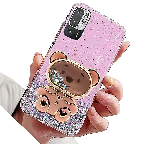 Miagon Bär Spiegel Ständer Hülle Glitzer für Xiaomi Redmi Note 10 5G,Cute Mädchen Dünn Crystal Schutzhülle Treibsand Bling Transparent Case Bumper mit Spiegel Halter Kickständer,Rosa von Rnrieyta