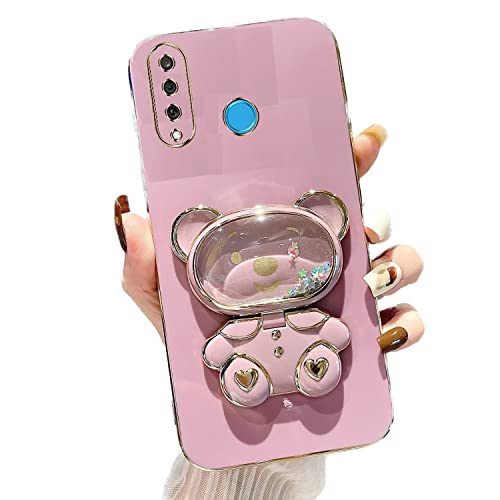 Rnrieyta Miagon Bär Spiegel Ständer Hülle für Huawei P30 Lite,Cute Mädchen Dünn Treibsand Glitzer Galvanisierte Schutzhülle Weiches Case Bumper mit Spiegel Halter Kickständer von Rnrieyta