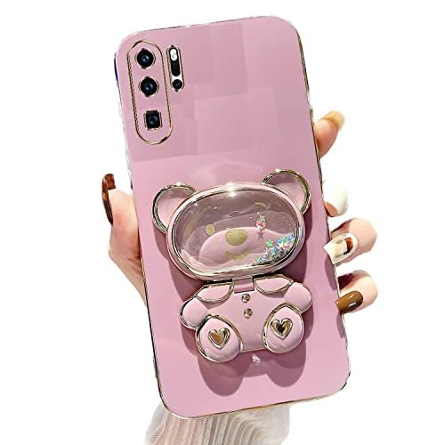Rnrieyta Miagon Bär Spiegel Ständer Hülle für Huawei P30 Pro,Cute Mädchen Dünn Treibsand Glitzer Galvanisierte Schutzhülle Weiches Case Bumper mit Spiegel Halter Kickständer von Rnrieyta