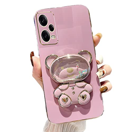 Miagon Bär Spiegel Ständer Hülle für Xiaomi Redmi Note 12 5G,Cute Mädchen Dünn Treibsand Glitzer Galvanisierte Schutzhülle Weiches Case Bumper mit Spiegel Halter Kickständer von Rnrieyta