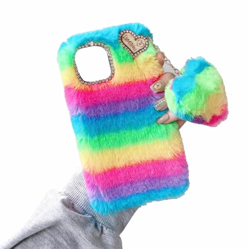 Miagon Bunt Plüsch Hülle für Xiaomi Redmi Note 13 Pro Plus 5G,Handyhülle Mädchen Flauschige Schutzhülle Silikon Cover Faux Pelz Case mit Süße Herz Anhänger von Rnrieyta