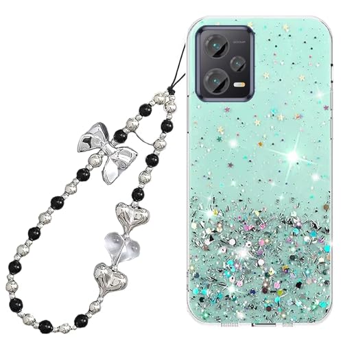 Miagon Glitzer Hülle für Xiaomi Redmi Note 12 4G,Bling Klar Handyhülle Durchsichtig Sparkle Sterne Case Cover Slim Schutzhülle mit Perlen Herz Schmetterling Armband Kette von Rnrieyta