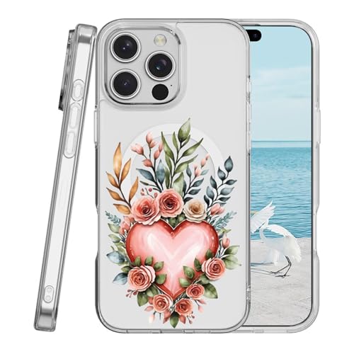 Miagon Herz Blumen Magnetisch Hülle für iPhone 13 Mini,Kreativ Transparent Handyhülle [Kompatibel mit MagSafe Kabellosem Laden] Niedlich Blume Stoßfest Schutzhülle von Rnrieyta