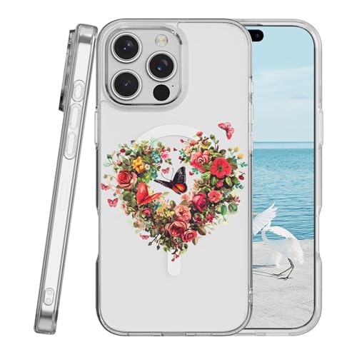 Miagon Herz Blumen Magnetisch Hülle für iPhone 13 Pro,Kreativ Transparent Handyhülle [Kompatibel mit MagSafe Kabellosem Laden] Niedlich Blume Stoßfest Schutzhülle von Rnrieyta