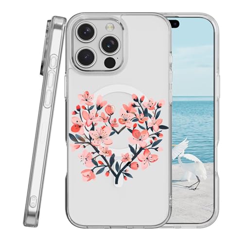 Miagon Herz Blumen Magnetisch Hülle für iPhone 14,Kreativ Transparent Handyhülle [Kompatibel mit MagSafe Kabellosem Laden] Niedlich Blume Stoßfest Schutzhülle von Rnrieyta