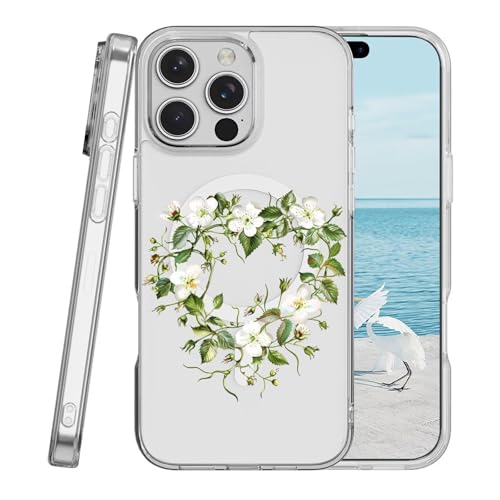 Miagon Herz Blumen Magnetisch Hülle für iPhone 14 Pro Max,Kreativ Transparent Handyhülle [Kompatibel mit MagSafe Kabellosem Laden] Niedlich Blume Stoßfest Schutzhülle von Rnrieyta
