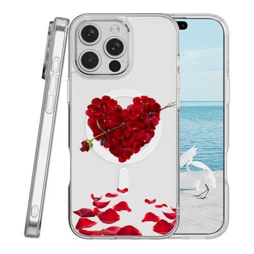 Miagon Herz Blumen Magnetisch Hülle für iPhone 15,Kreativ Transparent Handyhülle [Kompatibel mit MagSafe Kabellosem Laden] Niedlich Blume Stoßfest Schutzhülle von Rnrieyta