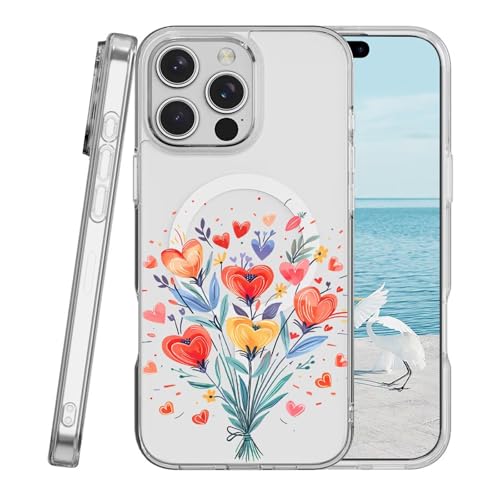 Miagon Herz Blumen Magnetisch Hülle für iPhone 15 Plus,Kreativ Transparent Handyhülle [Kompatibel mit MagSafe Kabellosem Laden] Niedlich Blume Stoßfest Schutzhülle von Rnrieyta